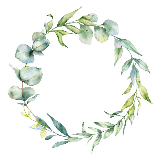 Ramas de eucalipto Acuarela, Marco floral, Marco verde, Arreglo floral, Composición de hojas verdes - Foto, imagen