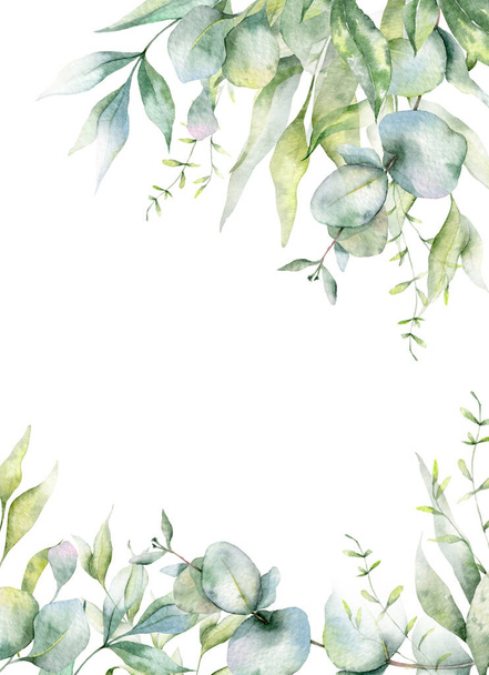 Eucalyptus Branches Watercolor, Floral Frame, Greenery Frame, Floral Arrangement, Green Leaves Composition - Fotoğraf, Görsel