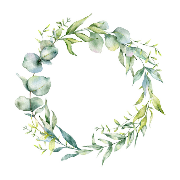 Branches d'eucalyptus Aquarelle, Cadre floral, Cadre vert, Arrangement floral, Composition des feuilles vertes - Photo, image