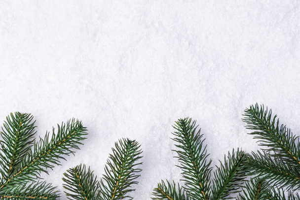 Noel ağaçlarının yeşil dalları ile kaplı yapay kar üzerinde, kopyalama alanı, fikir - Fotoğraf, Görsel