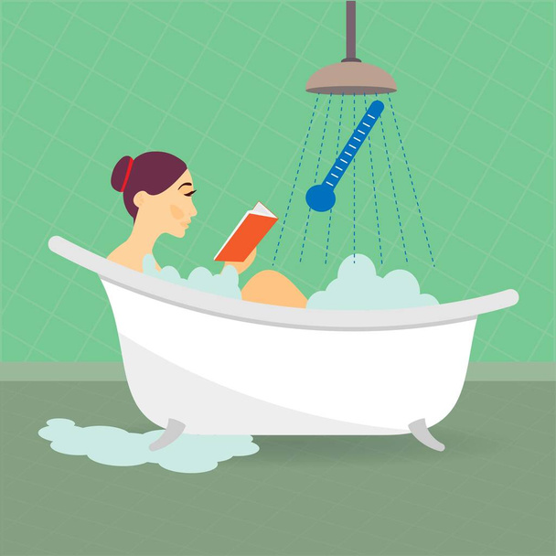 Nainen kylpyammeessa suihkulla ja lämpömittarilla, suihkun lämpötilan käsite - Vektori, kuva