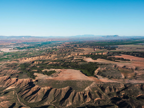 Panoramic aerial landscape view in air balloon flying on the Guadix fields - Foto, afbeelding