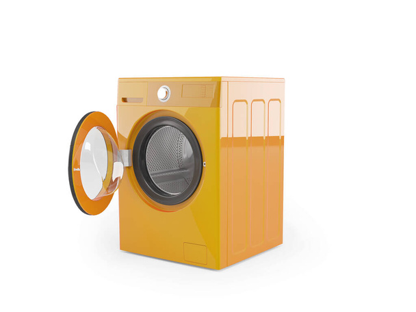 3D-Illustration einer orangen Waschmaschine auf weißem Hintergrund mit Schatten - Foto, Bild