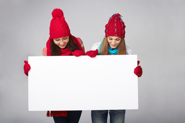 Two winter females with banner - Foto, immagini