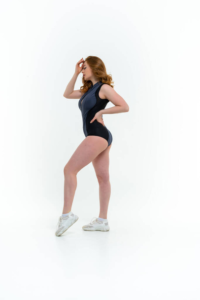 model size posing bodysuit on white background - Foto, Bild