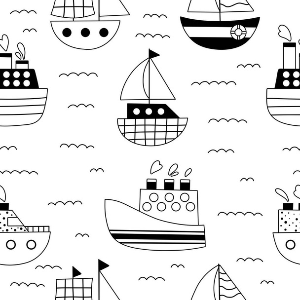 Doodle seamless pattern with ships, sailboats and yachts. Hand drawn transportation. Coloring page for kids. Black and white outline vector illustration. - Vetor, Imagem