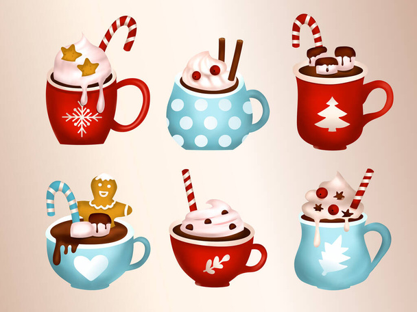 taza de chocolate caliente café de Navidad 3d dibujos animados vector latte bebida conjunto vector - Vector, Imagen