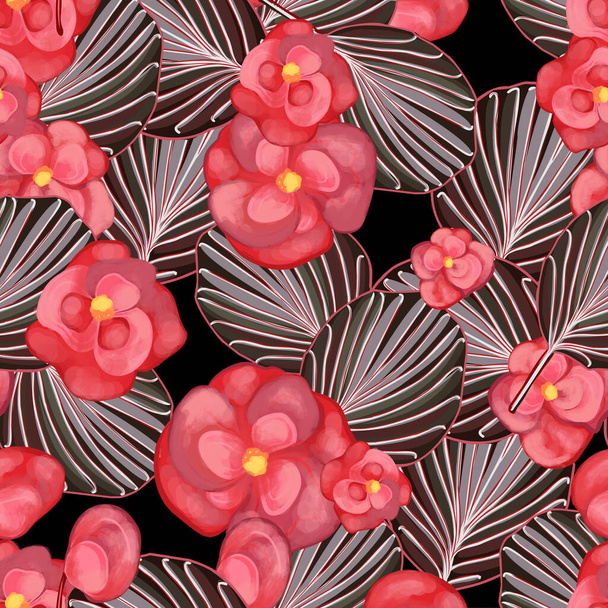 Modello vettoriale senza soluzione di continuità con fiori esotici. Begonia mai fiorita. Schema della Begonia. Fiori rossi su uno sfondo di fogliame a strisce variegato. - Vettoriali, immagini