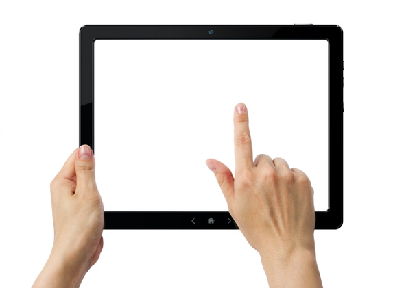 Manos sosteniendo PC tableta con tres rutas de recorte
 - Foto, imagen