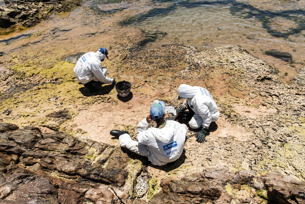 Salvador, Bahia, Brazil - October 26, 2019: Cleaning agents extract oil from Pedra do Sal beach in the city of Salvador. The site was affected by an oil spill off the coast of Bahia. - Foto, afbeelding