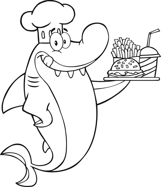 ハンバーガーとフライド ポテトを持つシェフ サメ. - ベクター画像