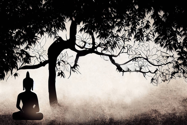 happy Makha Bucha Day, Buddha meditating under Bodhi tree - Photo, Image