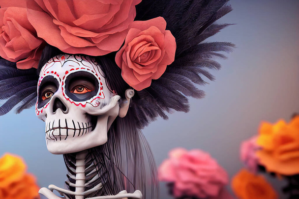 vrouwelijk skelet met make-up en grote mooie hoed, Calavera Catrina, Mexicaanse dag van de dood - Foto, afbeelding