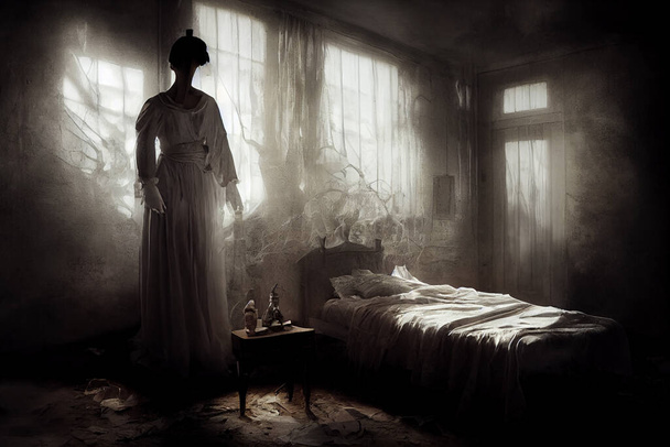 τρομακτικό φάντασμα γυναίκα σε εγκαταλελειμμένο τρομακτικό κτίριο τρόμου Απόκριες - Φωτογραφία, εικόνα