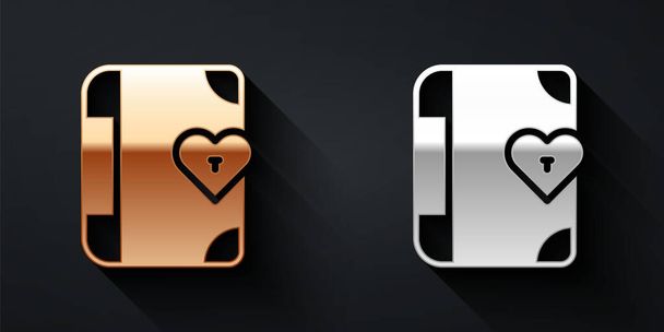 Gold and silver Love diary notebook album icon isolated on black background. Happy Valentines day. Long shadow style. Vector. - Vector, Image