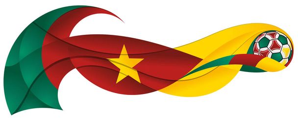 Pelota de fútbol verde, rojo y amarillo dejando un rastro ondulado con los colores de la bandera camerunesa sobre un fondo blanco - Vector, Imagen