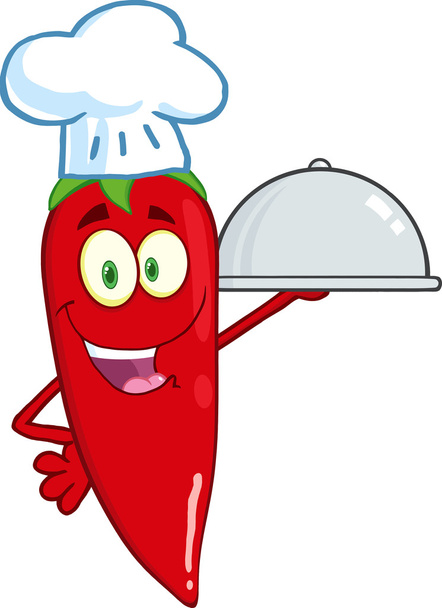 Red Chili Pepper Chef with  Platter - Вектор,изображение