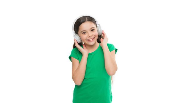 kid radio dj. little girl listen to music. favorite song in headphones. summer mood playlist. happy childhood. child study by audio book. noise cancelling headphones for kids. - Foto, imagen