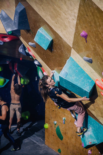 Ukraine. Kiev. 24.09.2022 competitions in climbing, bouldering. climbing gym "Space". High quality photo - Photo, Image