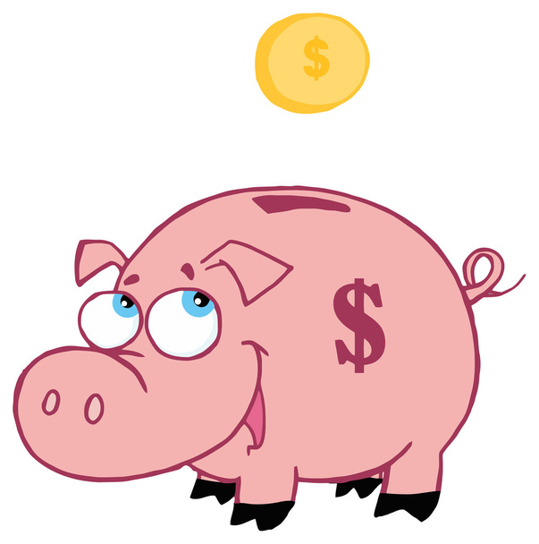 Piggy Bank kijken op een munt - Vector, afbeelding
