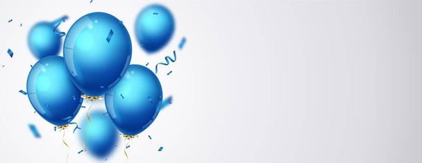 Illustration vectorielle des célébrations d'anniversaire bannière avec des ballons bleus, blancs et confettis - Vecteur, image