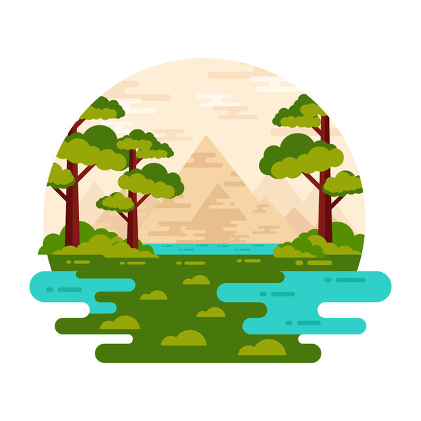 landscape with river, nature, mountains and forest, vector illustration. - Wektor, obraz