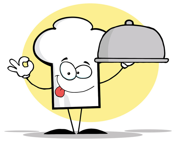 Chefs sombrero carácter servir comida
 - Vector, Imagen