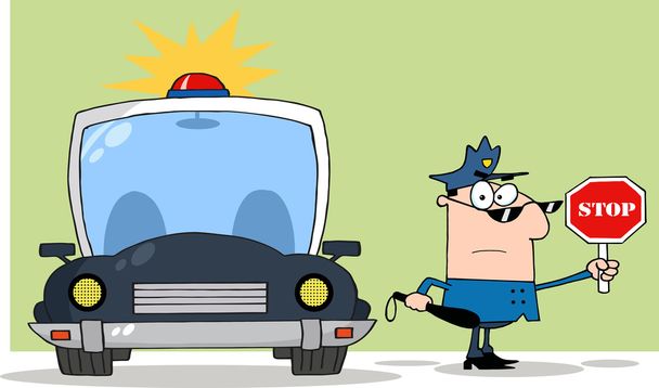 γελοιογραφία αστυνομικός με αυτοκίνητο - Διάνυσμα, εικόνα