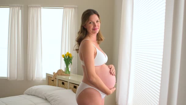Έγκυος γυναίκα στέκεται ευτυχισμένος από το παράθυρο - Πλάνα, βίντεο