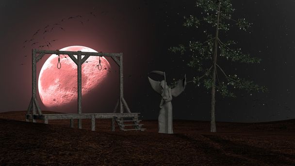 Άγγελος του θανάτου - τρομακτικό νύχτα φόντο με αγχόνη, κοράκια και κόκκινο φεγγάρι - Φωτογραφία, εικόνα