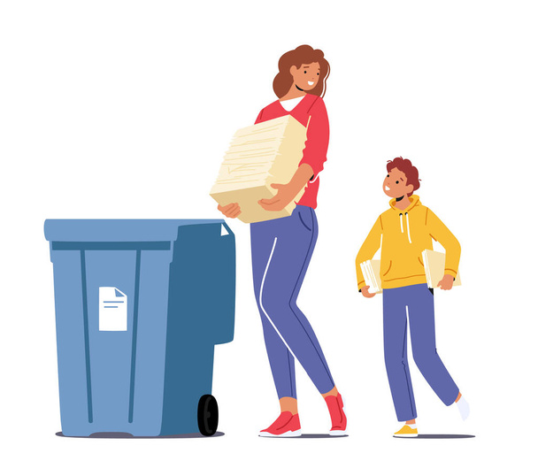 Мать и сын выбрасывают мусор в контейнеры с вывеской "Переработанная бумага". Женщина использует мусорное ведро для сбора мусора. Утилизация мусора, решение проблемы загрязнения окружающей среды. Вектор мультипликации - Вектор,изображение