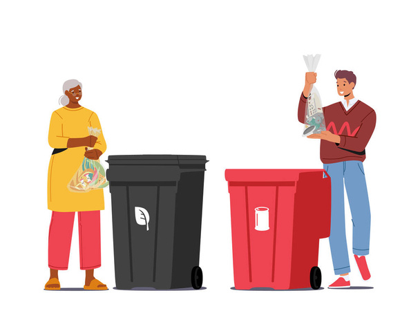 Obyvatelé měst třídí odpadky. Lidé házejí odpadky do kontejnerů na organický a kovový odpad, odpadkové koše na recyklaci, ekologické koncepce ochrany životního prostředí. Cartoon Vector Illustration - Vektor, obrázek