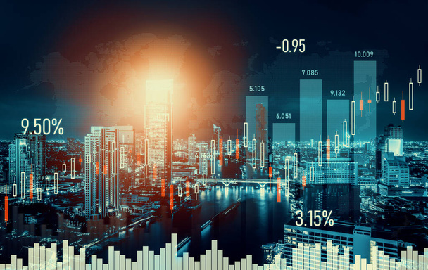 As background for a financial or business concept, digital screen and financial graphs overlap on a picture of modernistic cityscape, skyscrabbers. - Foto, Bild
