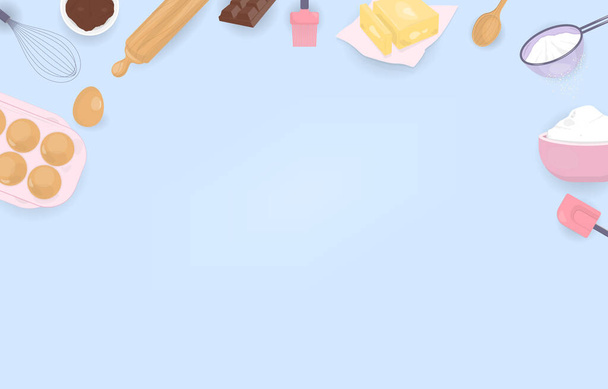Backutensilien und Zutaten. Butter, Schokolade, Schneebesen, Nudelholz, Ei und Mehl. Kopierraum mit blauem Hintergrund. - Vektor, Bild