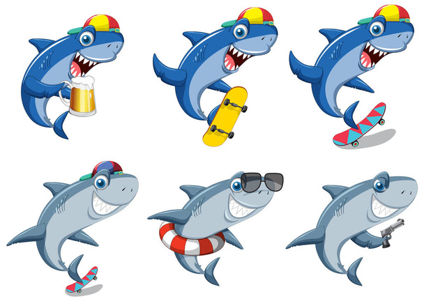 Different sharks in summer beach illustration - Vektor, kép