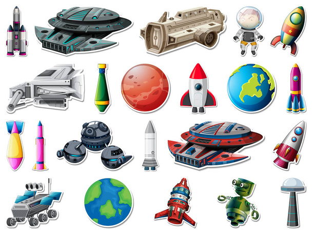 Sticker set of outer space objects and astronauts illustration - Vector, Imagen