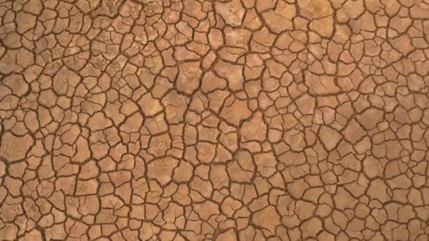AERIAL TOP DOWN: Aerial top down view of cracked land caused by long draught. Brown desiccated soil with ground cracks and no vegetation. Dry landscape with crack pattern caused by lack of water. - Footage, Video