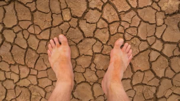 視点:亀裂砂漠の地面に素足の最初の人のビュー。専用の土の上に立つ旅行者の泥だらけの足。干ばつによるき裂模様の乾いた土地に裸足で立つ. - 映像、動画