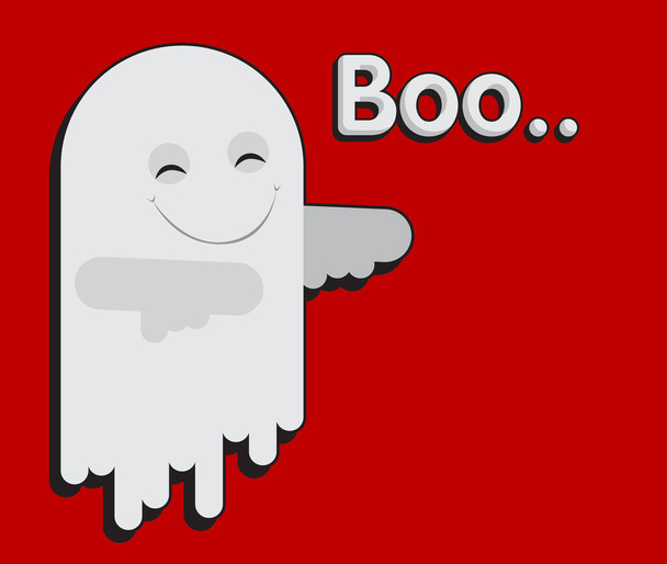 Divertente personaggio dei cartoni animati in costumi fantasma per Halloween con testo Boo. Icona divertente mostri spettrali, clip art, illustrazione. - Vettoriali, immagini