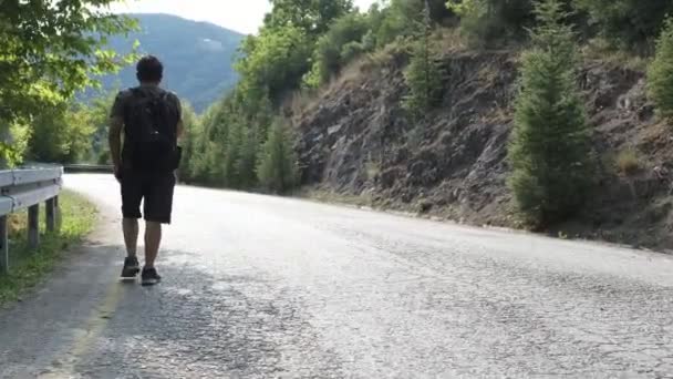 Uomo Trekking Asfalto, uomo escursioni nella foresta con uno zaino, fumare una passeggiata, trascorrere del tempo nella natura - Filmati, video