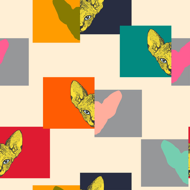 Funky cats. Head sphinx cat geometric seamless pattern, sketch graphics. Vector illustration - Vecteur, image