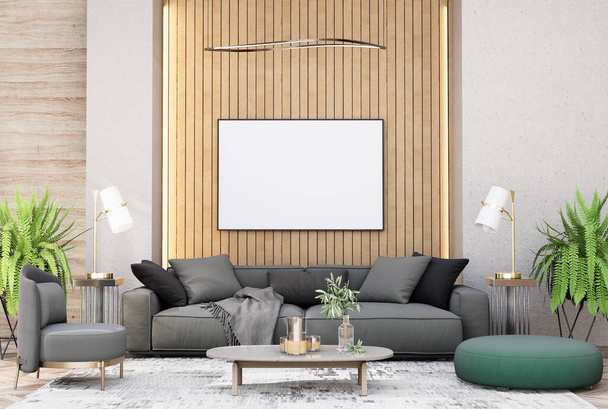 Finta cornice poster in interni moderni camere completamente arredate sfondo, soggiorno, per messaggi di testo o contenuti. Rendering 3D, Illustrazione 3D - Foto, immagini
