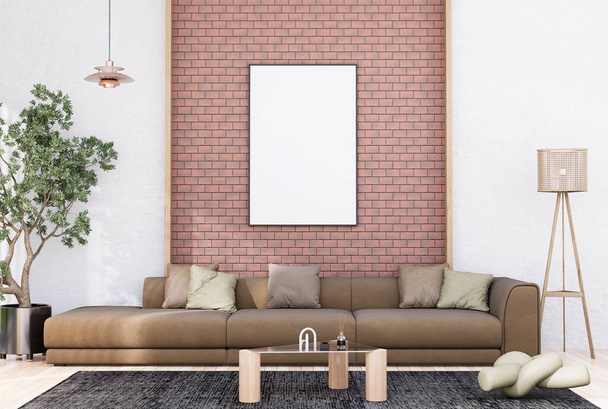Mock up quadro de cartaz no interior moderno quartos totalmente mobilados fundo, sala de estar, para mensagem de texto ou conteúdo. Renderização 3D, Ilustração 3D - Foto, Imagem