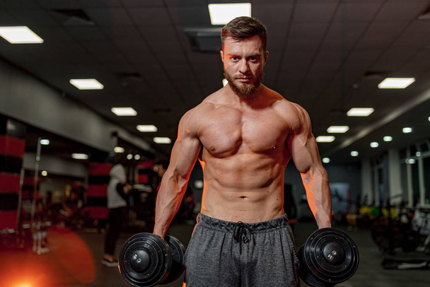 Male with muscular torso working at gym. Strong shirtless man training his body. - Фото, зображення