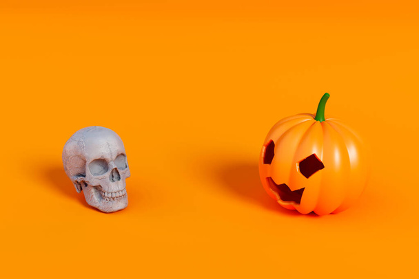 Calabaza de Halloween y cráneo blanco cara a cara sobre un fondo naranja. 3d renderizar - Foto, Imagen