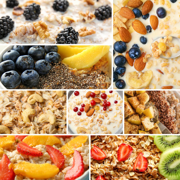 Collage de avena dulce con frutas, frutos secos y bayas, primer plano - Foto, Imagen