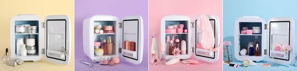 Συλλογή μικρών ψυγείων με καλλυντικά προϊόντα σε φόντο χρώματος - Φωτογραφία, εικόνα