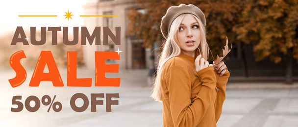Banner for autumn sale with beautiful blonde woman - Photo, Image