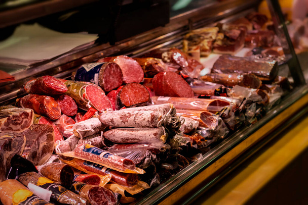 Butchery. Meat and sausage products from a Spanish store. - Fotografie, Obrázek