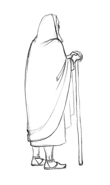 Kutsal Yahudi Tanrı inancı, bilge Mısır erkek dua bilgini haham rahip, dua hikayesine bak. El çizimi siyah çizgili kalem sanatı eskizi eskiz eskiz eski moda elbise İsrailli baston çubuk asası beyaz metin alanı görünümü - Fotoğraf, Görsel